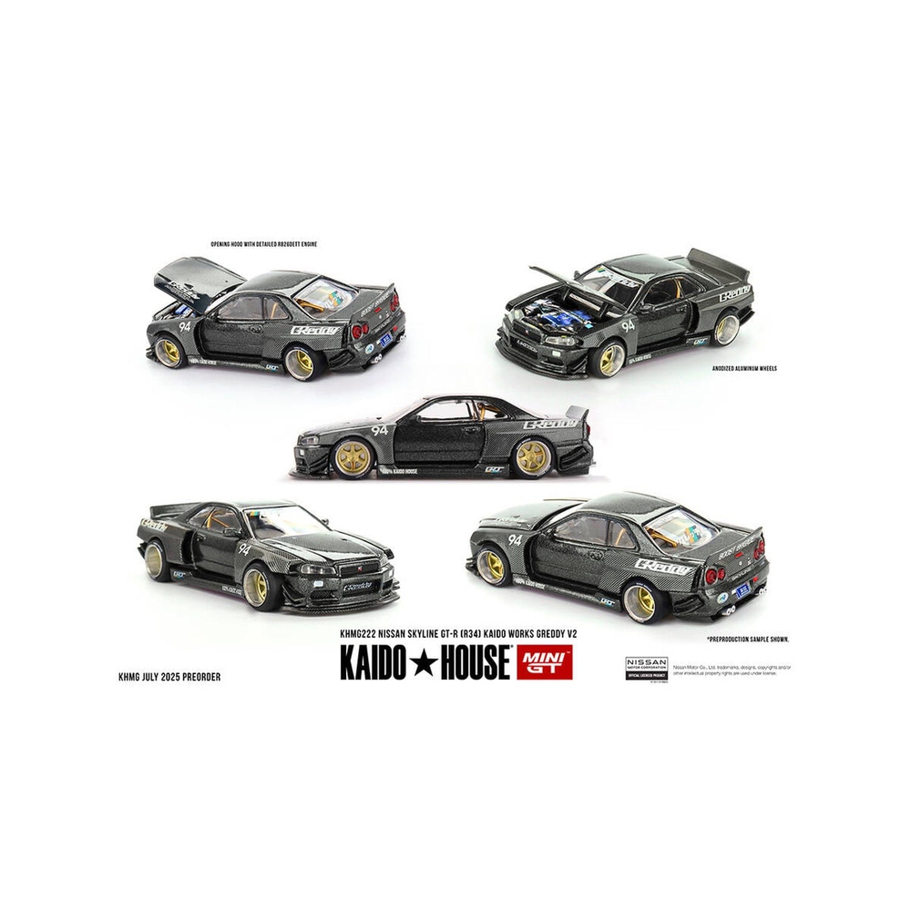 (ÖN SATIŞ) Mini GT 1/64 KaidoHouse Nissan Skyline GT-R (R34) Kaido Works GReddy V2 KHMG222