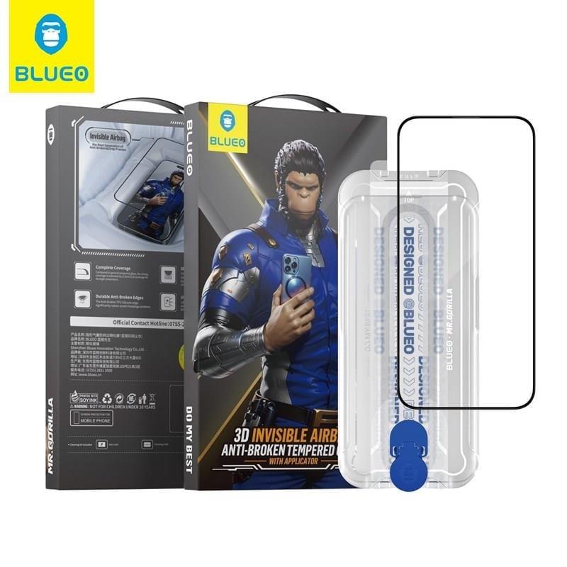 BLUEO Blueo 3D Airbag iPhone 15 Pro Max Uyumlu Kenar Darbelere Dirençli Aparatlı Tam Kavrayan Cam Ekran Koruyucu