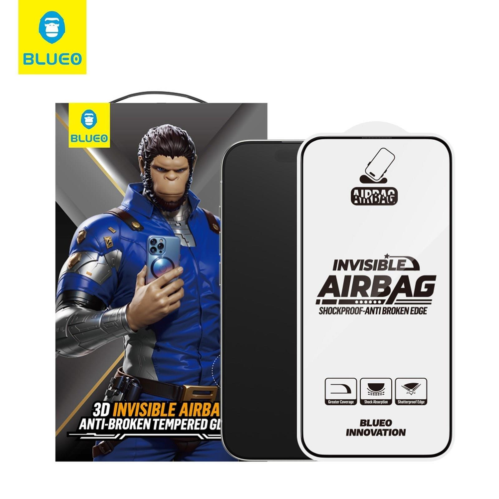 BLUEO Blueo 3D Airbag iPhone 16 Pro Uyumlu Kenar Darbelere Dirençli Tam Kavrayan Kavisli Cam Ekran Koruyucu