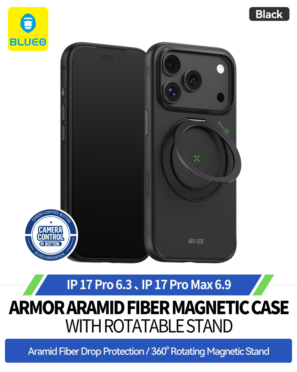 BLUEO Blueo Armor Aramid Fiber iPhone 17 Pro Max Uyumlu Magsafe Özellikli Standlı Telefon Kılıfı