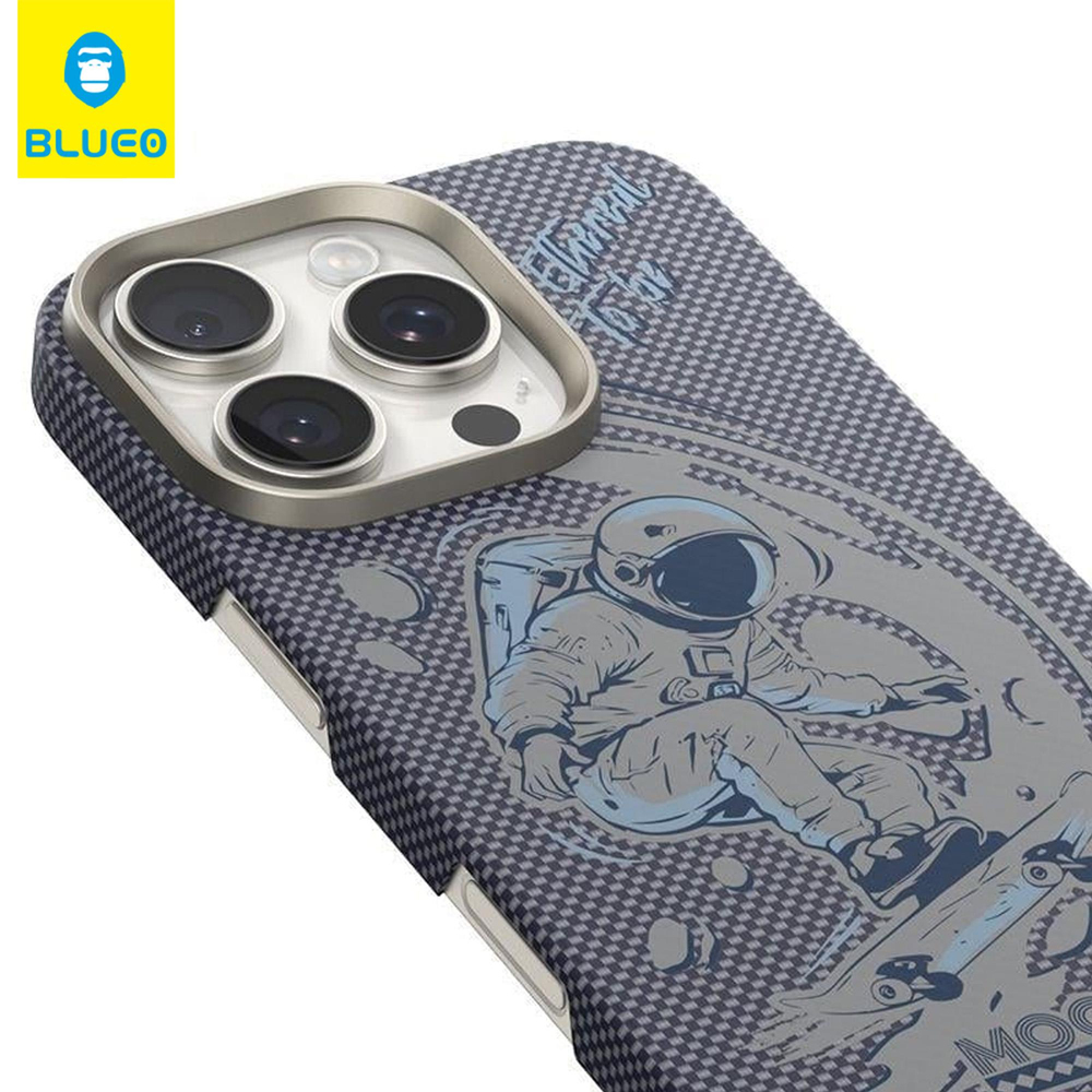 BLUEOB Plain Weave Fiber Magnetic iPhone 16 Pro Max MagSafe Özellikli Slim ince Serigrafi Baskı Desenli Karbon Fiber Sert Kılıf