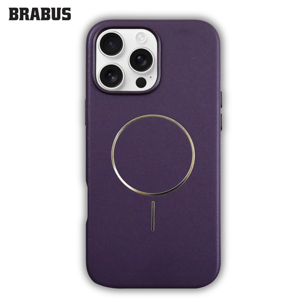 BRABUS iPhone 15 Pro Max Gold MagSafe Detaylı Deri Görünümlü içi Kadife Tax Silikon Kılıf 
