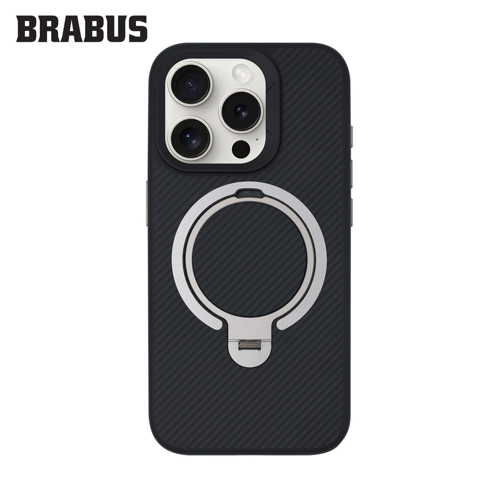 BRABUS iPhone 15 Pro Max MagSafe Özellikli Karbon Fiber Kaplamalı Metal Standlı Anti-Shock Urban Silikon Kılıf