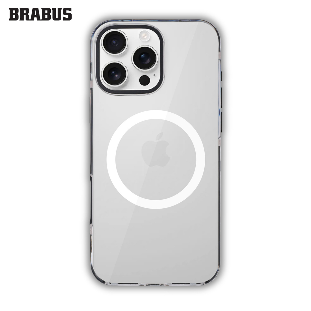 BRABUS iPhone 16 Pro Çift Parça Kilitleme Mekanizmalı Kenarları Renkli Metal Arkası Şeffaf Silikon Tyga Kılıf