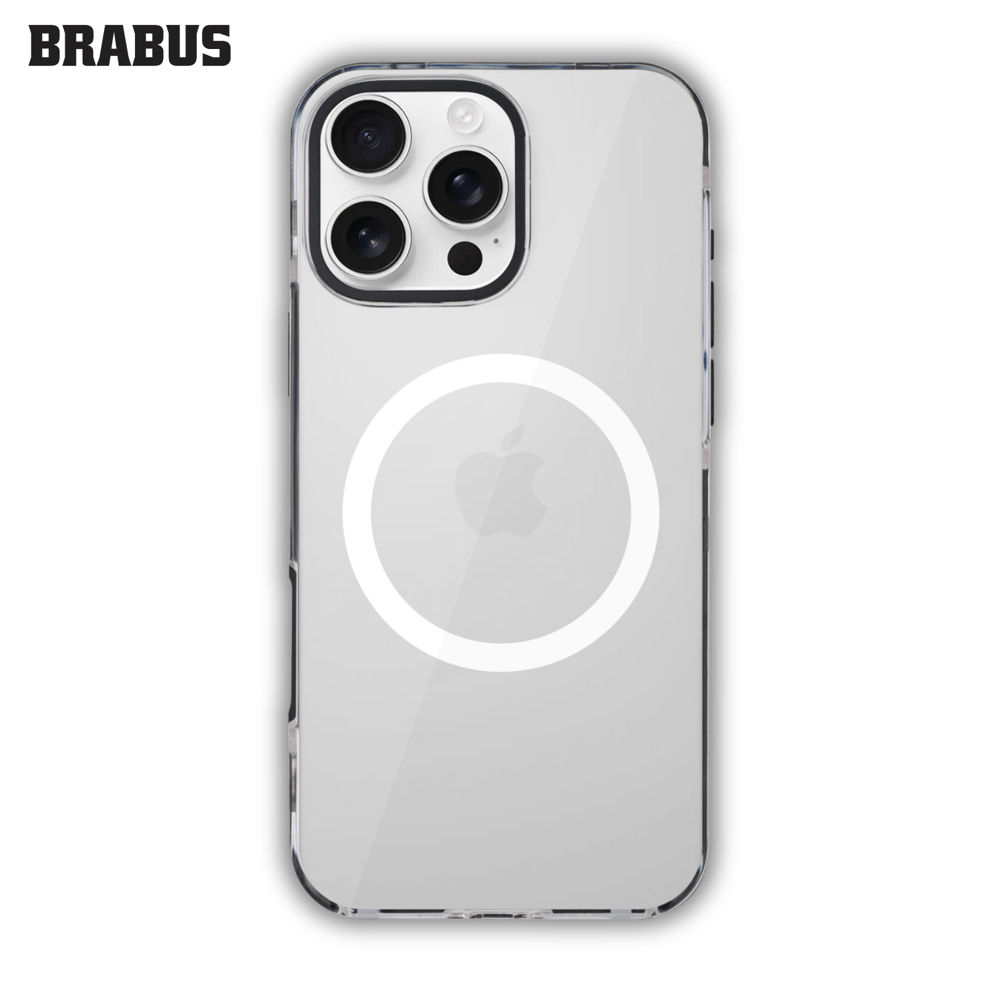 BRABUS iPhone 16 Pro Max Çift Parça Kilitleme Mekanizmalı Kenarları Renkli Metal Arkası Şeffaf Silikon Tyga Kılıf