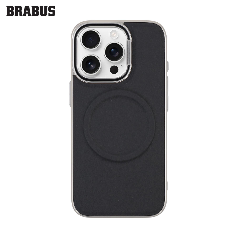BRABUS iPhone 16 Pro Max Suni Deri MagSafe Özellikli Metal Kamera Koruma Standlı Sert Ping Kılıf