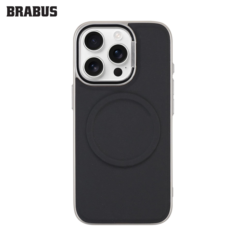 BRABUS iPhone 16 Pro Suni Deri MagSafe Özellikli Metal Kamera Koruma Standlı Sert Ping Kılıf