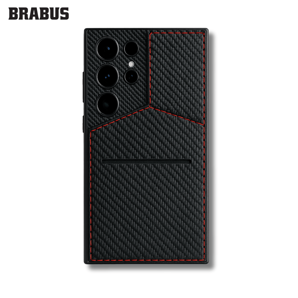 BRABUS Samsung S23 Ultra Uyumlu Suni Deri Görünümlü Kartlıklı Silikon Plank Kılıf