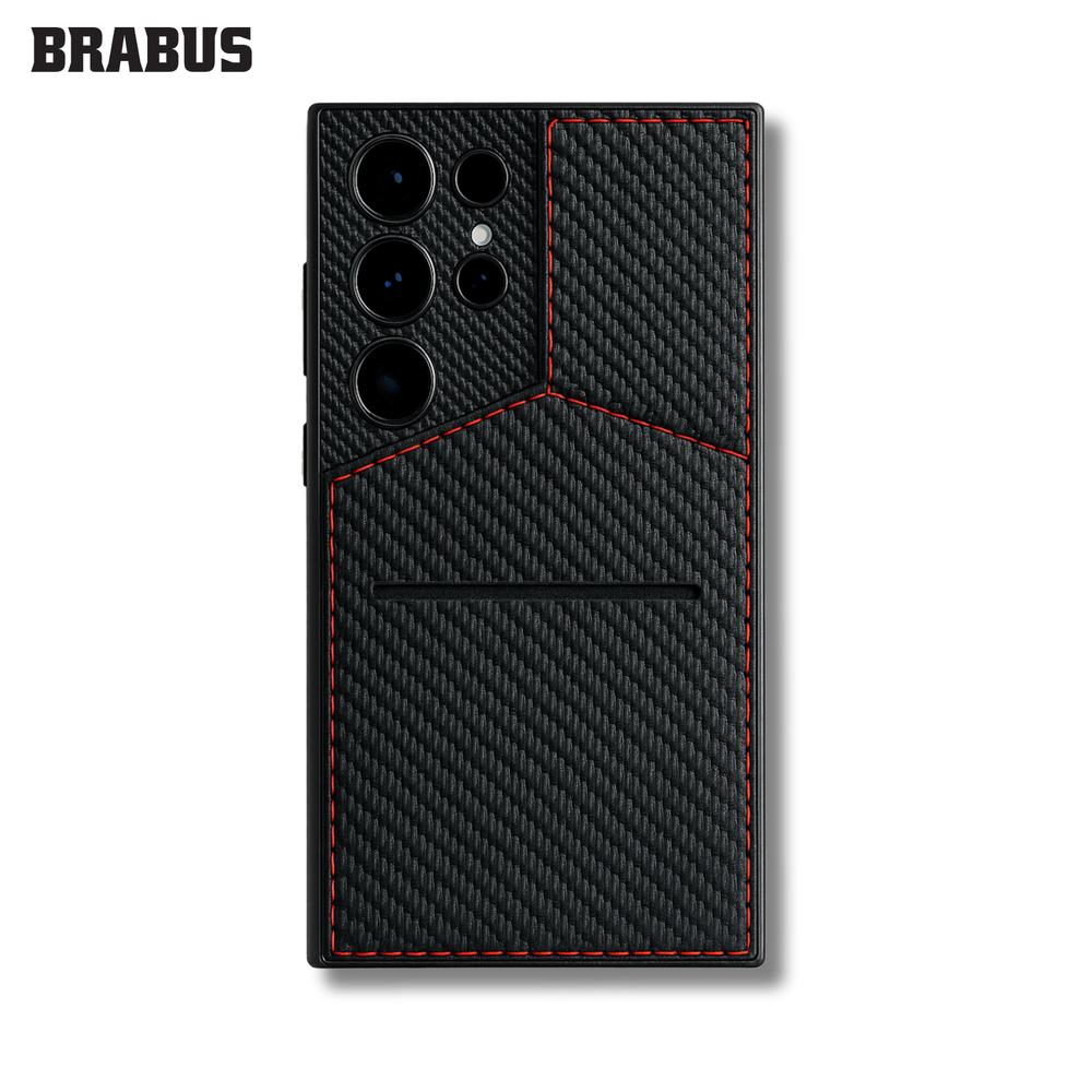 BRABUS Samsung S24 Ultra Uyumlu Suni Deri Görünümlü Kartlıklı Silikon Plank Kılıf