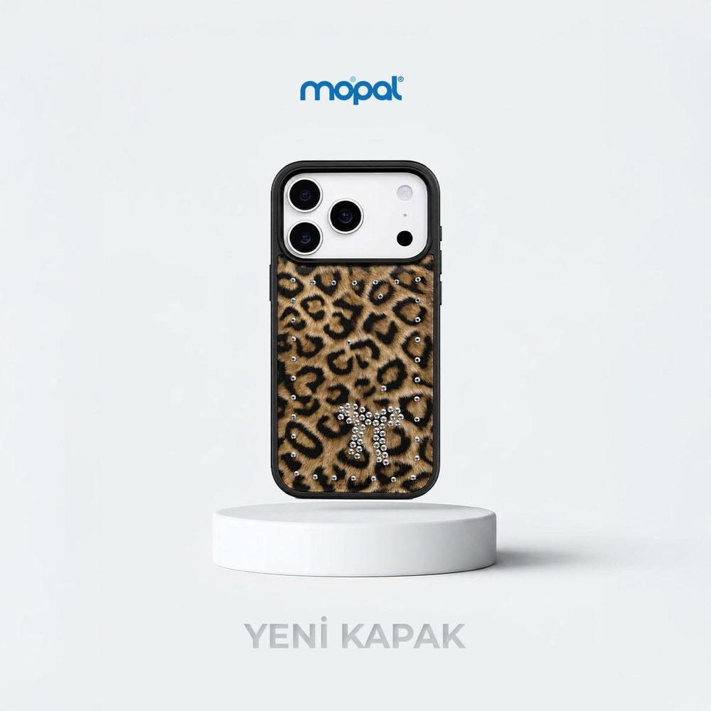 MOPAL iPhone 15 Pro Max Uyumlu içi Kadife Leopar Desenli Taş İşlemeli Yeni Kılıf
