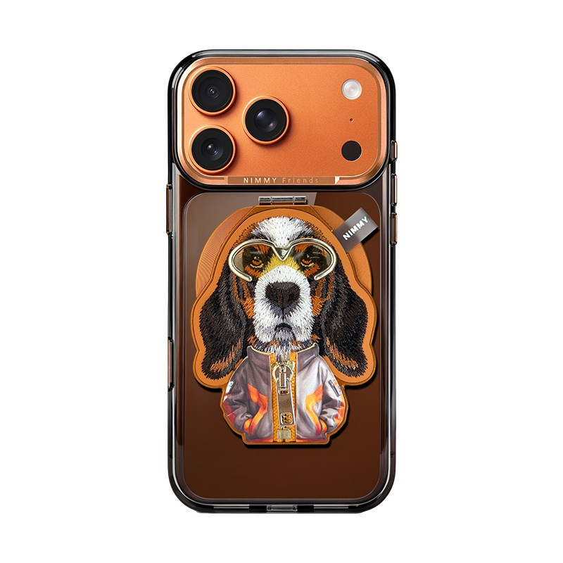 NIMMY 18 Pro Max Uyumlu Kılıf MagSafe Özellikli Nakışlı Köpek Standlı Fermuar Detaylı Nimmy Telefon Kılıfı