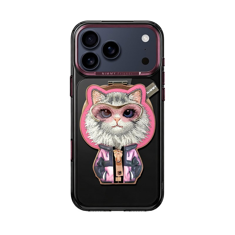 NIMMY 18 Pro Max Uyumlu Kılıf MagSafe Özellikli Nakışlı Kedi Standlı Fermuar Detaylı Nimmy Telefon Kılıfı