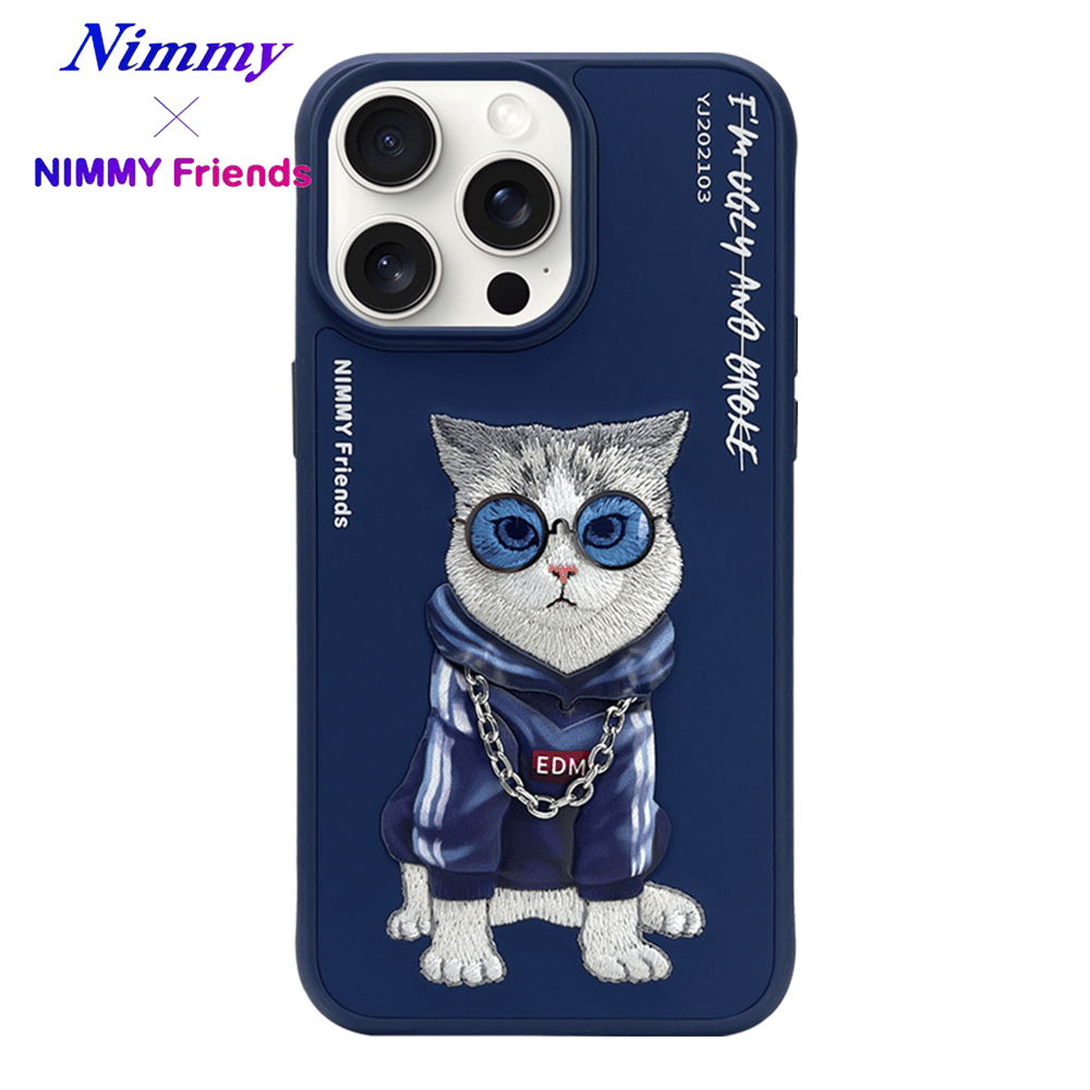 NIMMY iPhone 13 Pro Max 3D Gerçek Nakış İşleme Kabartmalı Kedi Zincir Gözlük Detaylı Cool Glasses Kılıf