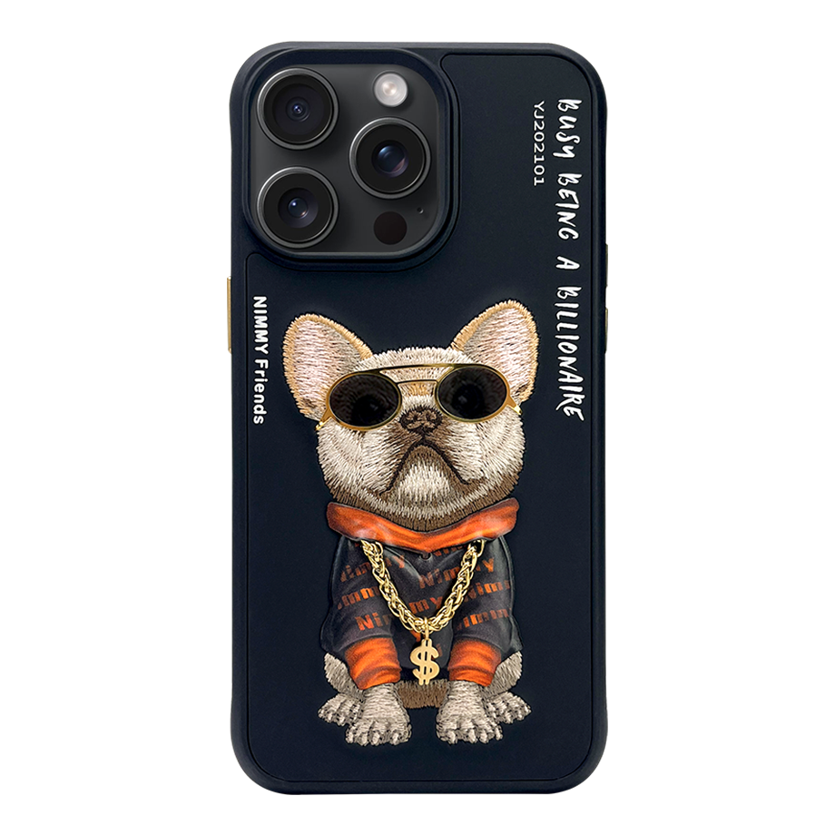 NIMMY iPhone 14 Max Pro 3D Gerçek Nakış İşleme Kabartmalı Köpek Zincir Gözlük Detaylı Cool Glasses Kılıf