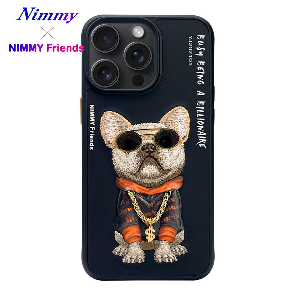 NIMMY iPhone 14 Pro 3D Gerçek Nakış İşleme Kabartmalı Köpek Zincir Gözlük Detaylı Cool Glasses Kılıf