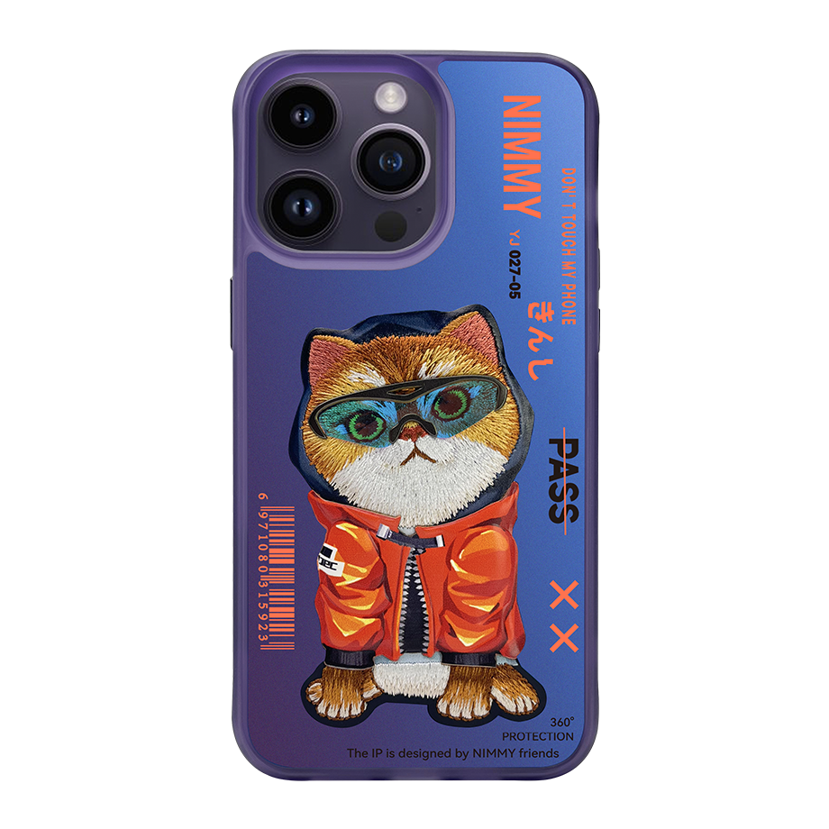 NIMMY iPhone 14 Pro Max Parlak Zemin Üstüne Gerçek Nakış İşlemeli Gözlük Mont Detaylı 3D Kedili Kılıf