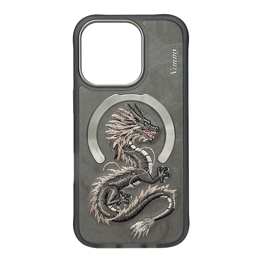 NIMMY iPhone 15 3D Gerçek Nakış işlemeli MagSafe Özellikli Fantasy Animal Golden Dragon Silikon Kılıf
