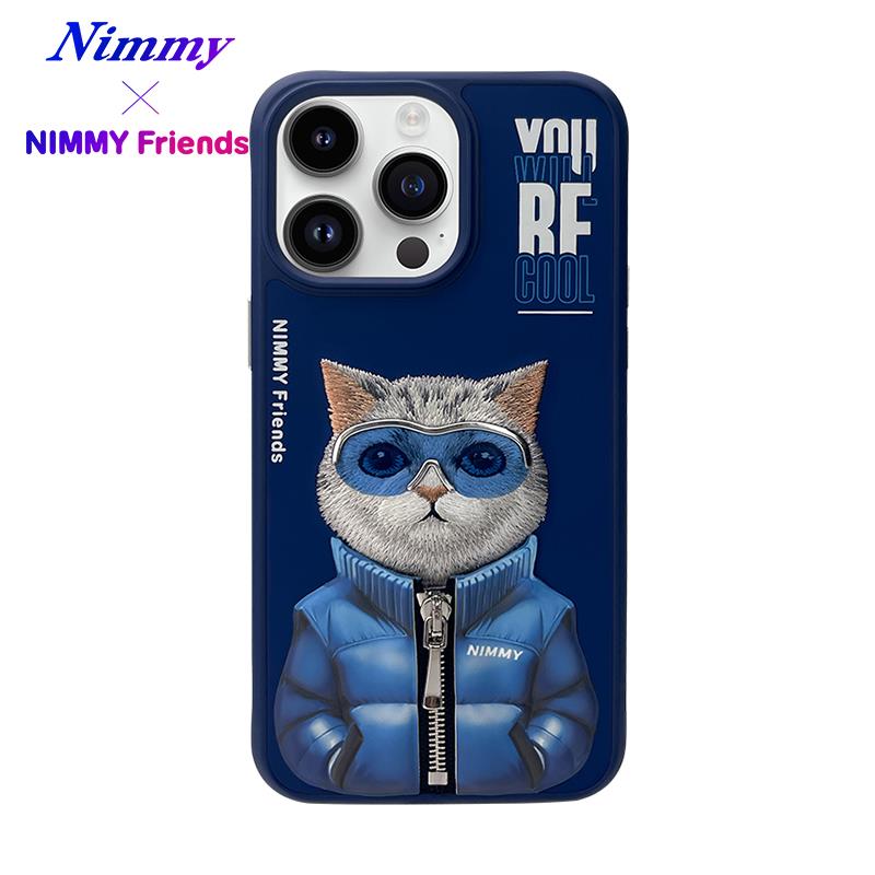 NIMMY iPhone 15 Pro 3D Gerçek Nakış İşlemeli Kabartmalı Gözlük Fermuar Mont Kedicik Detaylı Cool Cute 2.0 Silikon Kılıf