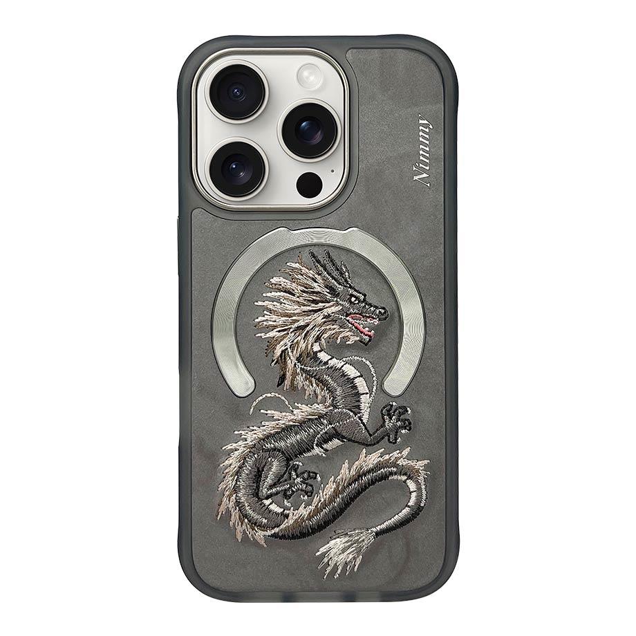 NIMMY iPhone 15 Pro 3D Gerçek Nakış işlemeli MagSafe Özellikli Fantasy Animal Golden Dragon Silikon Kılıf