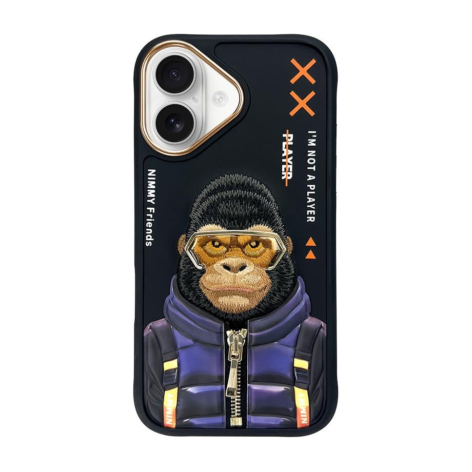 NIMMY iPhone 16 3D Gerçek Nakış İşlemeli Kabartmalı Gözlük Fermuar Mont Gorilla Detaylı Cool Cute 2.0 Silikon Kılıf
