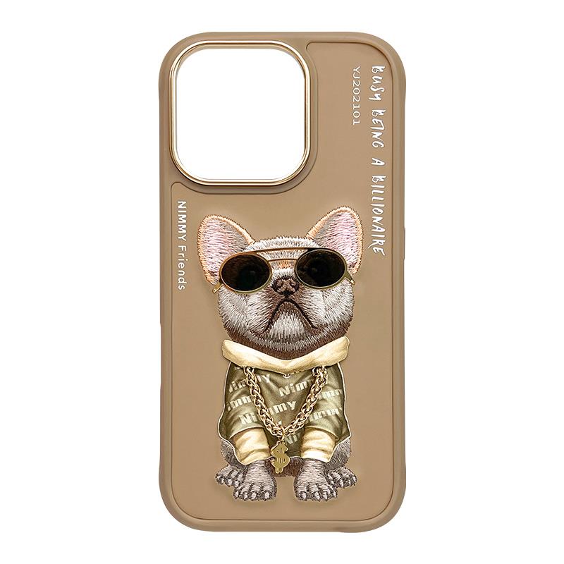 NIMMY iPhone 16 3D Gerçek Nakış İşleme Kabartmalı Köpek Zincir Gözlük Detaylı Cool Glasses Silikon Kılıf