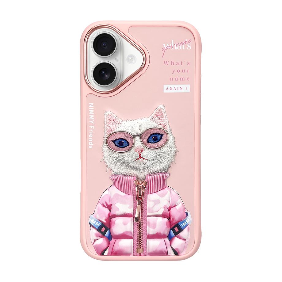 NIMMY iPhone 16 3D Gerçek Nakış İşlemeli Kabartmalı Gözlük Fermuar Mont Kedicik Detaylı Cool Cute 2.0 Silikon Kılıf