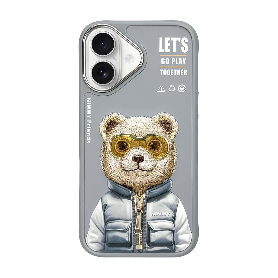 NIMMY iPhone 16 3D Gerçek Nakış İşlemeli Kabartmalı Gözlük Fermuar Mont Ayıcık Detaylı Cool Cute 2.0 Silikon Kılıf