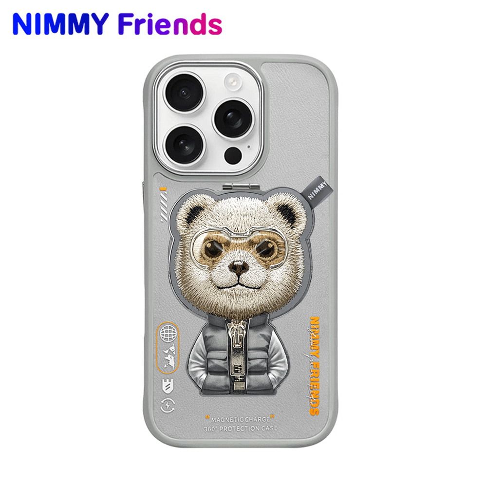 NIMMY iPhone 16 Pro 3D Değiştirelebilir MagSafe Özellikli Standlı Nakış ve Fermuar İşlemeli Köpek Animal Protection Silikon Kılıf