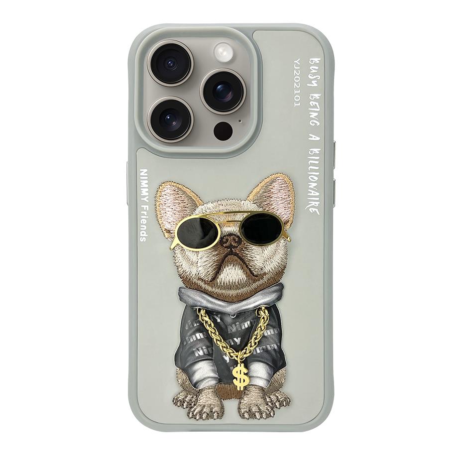 NIMMY iPhone 16 Pro 3D Gerçek Nakış İşleme Kabartmalı Köpek Zincir Gözlük Detaylı Cool Glasses Silikon Kılıf