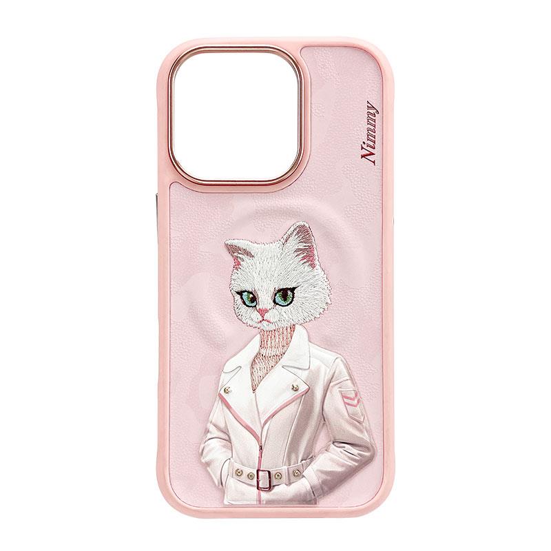 NIMMY iPhone 16 Pro 3D Gerçek Nakış işlemeli MagSafe Özellikli Magnetic Fashion Pet Beyaz Kedili Silikon Kılıf