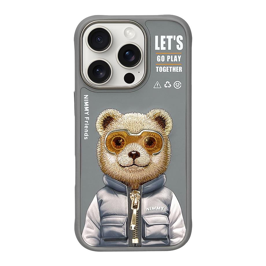 NIMMY iPhone 16 Pro 3D Gerçek Nakış İşlemeli Kabartmalı Gözlük Fermuar Mont Ayıcık Detaylı Cool Cute 2.0 Silikon Kılıf