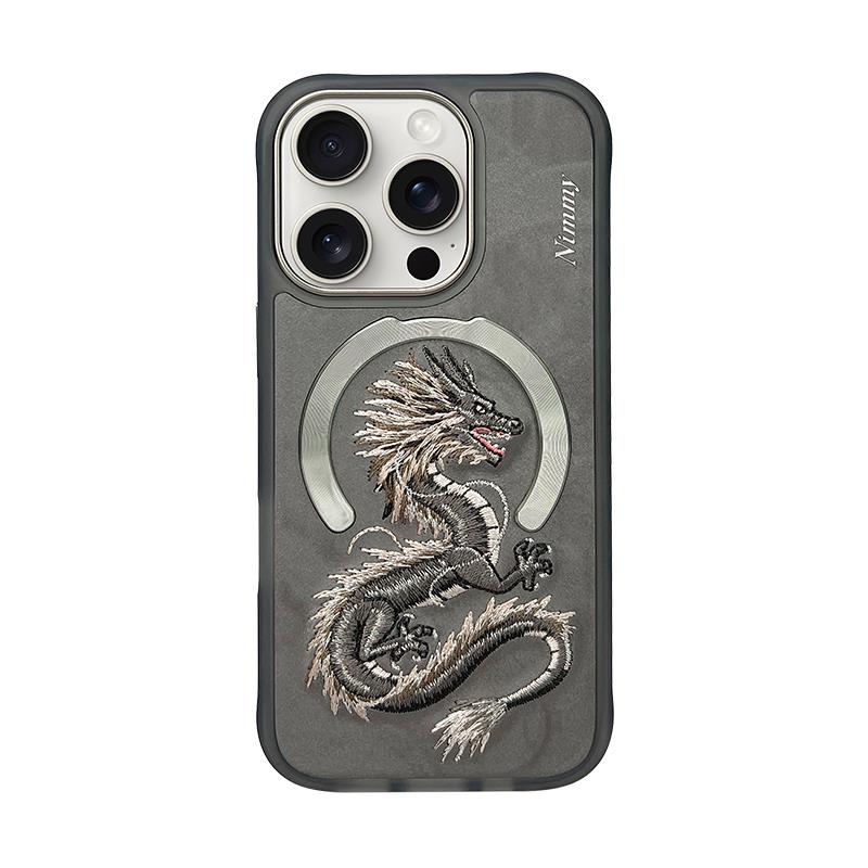 NIMMY iPhone 16 Pro 3D Gerçek Nakış işlemeli MagSafe Özellikli Fantasy Animal Golden Dragon Silikon Kılıf