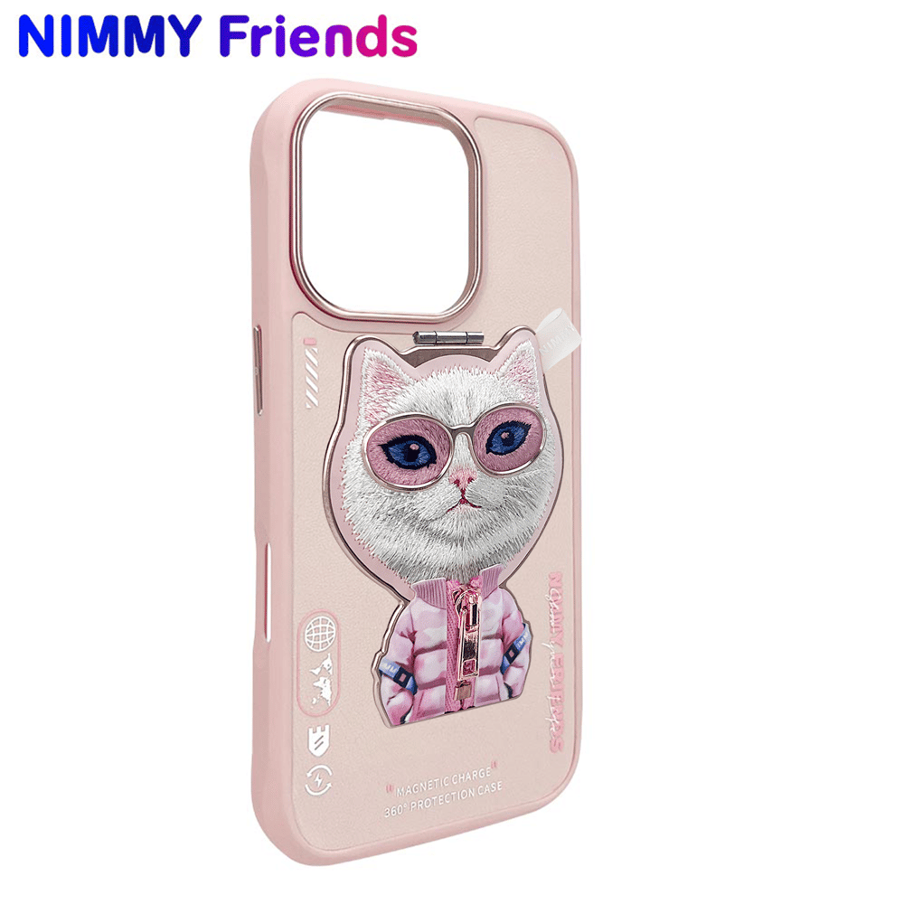 NIMMY iPhone 16 Pro Max 3D Değiştirilebilir MagSafe Özellikli Standlı Nakış ve Fermuar İşlemeli Kedi Animal Protection Silikon Kılıf