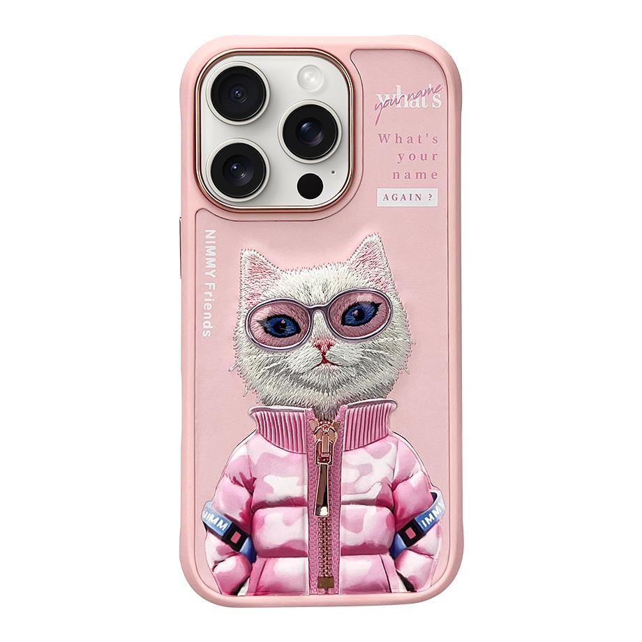 NIMMY iPhone 16 Pro Max 3D Gerçek Nakış İşlemeli Kabartmalı Gözlük Fermuar Mont Kedicik Detaylı Cool Cute 2.0 Silikon Kılıf