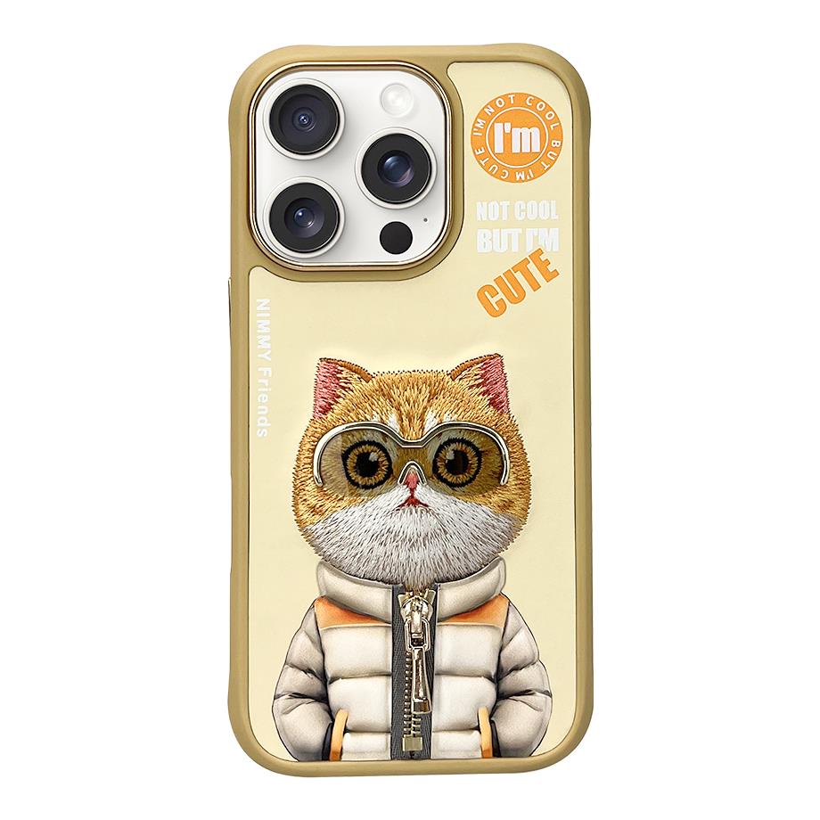 NIMMY iPhone 16 Pro Max 3D Gerçek Nakış İşlemeli Kabartmalı Gözlük Fermuar Mont Kedicik Detaylı Cool Cute 2.0 Silikon Kılıf