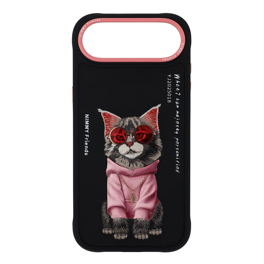 NIMMY iPhone 17 Air Uyumlu Gerçek Nakış Gözlük ve Zincir Desenli Glasses Serisi Maine Coon Telefon Kılıfı