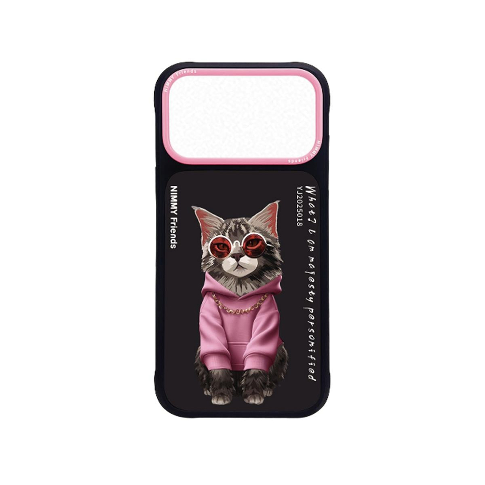 NIMMY iPhone 17 Pro Uyumlu Gerçek Nakış Gözlük ve Zincir Desenli Glasses Serisi Maine Coon Telefon Kılıfı