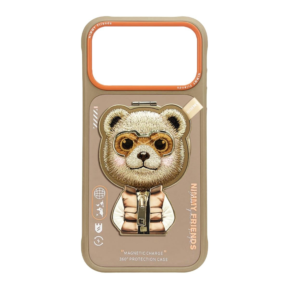 NIMMY iPhone 17 Pro Uyumlu MagSafe Özellikli Kahverengi Ayı Aparatlı Cool And Cute 2.0 Telefon Kılıfı