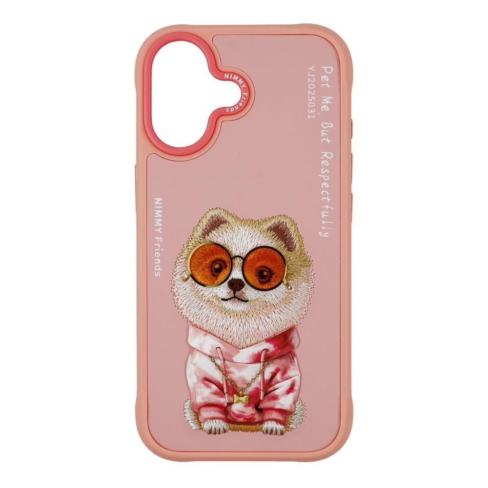 NIMMY iPhone 17 Uyumlu Gerçek Nakış Gözlük ve Zincir Desenli Glasses Serisi Pomeranian Telefon Kılıfı