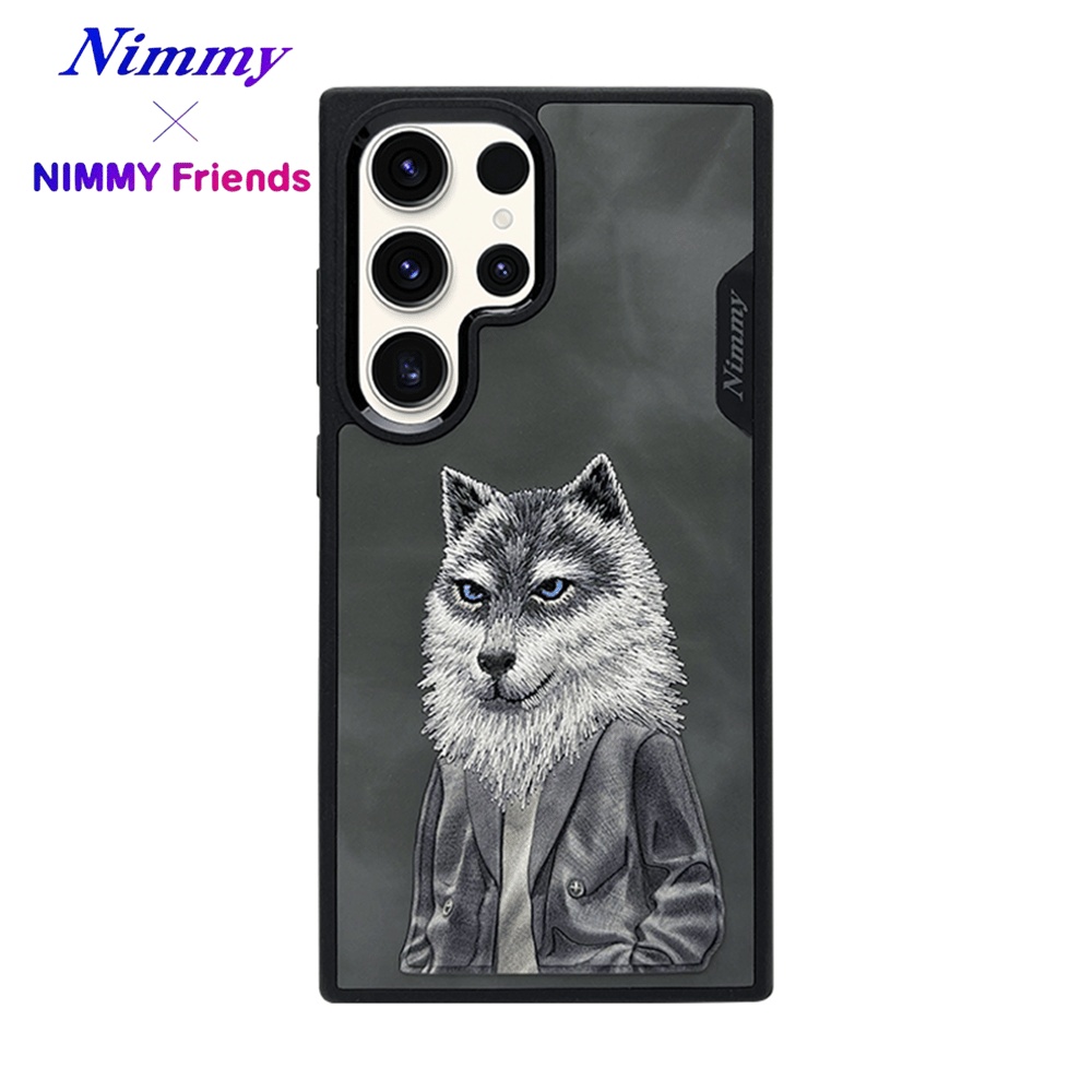 NIMMY Samsung S24 Ultra 3D Suni Deri Gerçek Nakış İşleme Kıyafet Kabartmalı Fashion Pet Kurt Kılıf