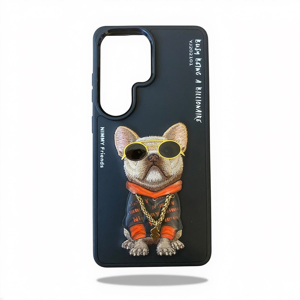 NİMMY Samsung S26 Ultra Uyumlu | 3D Gerçek Nakış İşlemeli Zincir ve Gözlük Detaylı Pug Köpek Desenli Kılıf