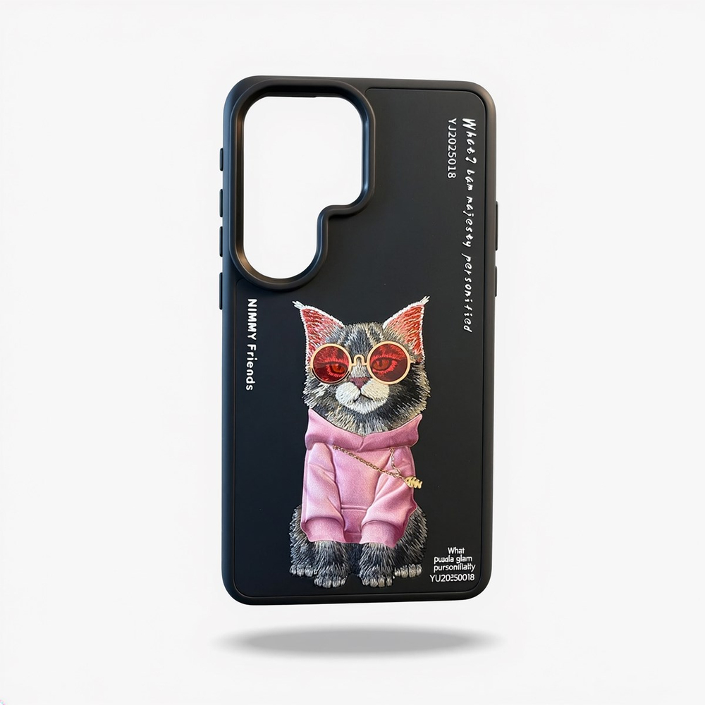 NİMMY Samsung S26 Ultra Uyumlu | Gerçek Nakış İşlemeli Zincir ve Gözlük Detaylı Maine Coon Kedi Desenli Kılıf