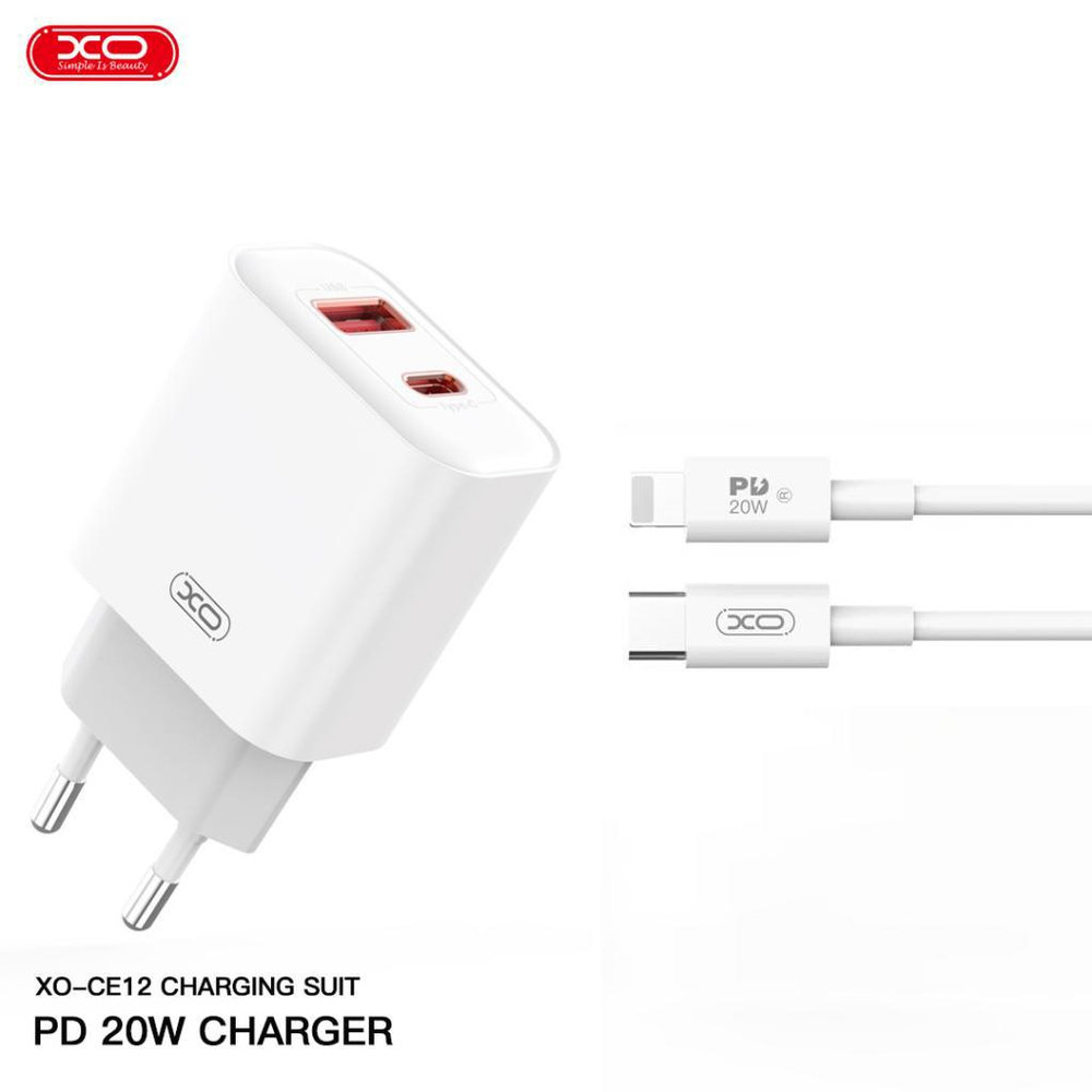XO CE12(EU) 20W QC PD Fast Hızlı TYPE-C (USB-C) ve Lightning Çıkışlı Kablolu Şarj Aleti Adaptörü Set