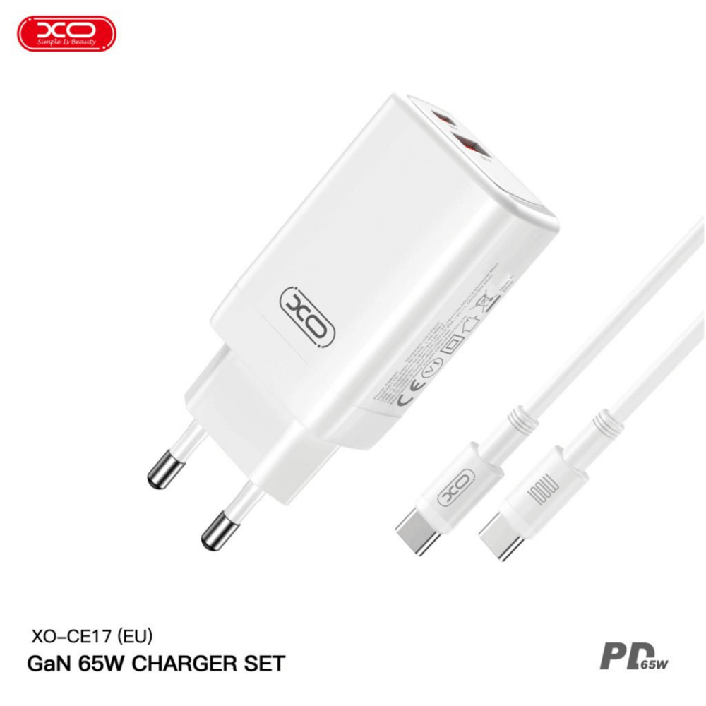 XO CE17(EU) 65W Q.C PD Fast Hızlı USB-C (TYPE-C) USBA Çift Çıkışlı Kablolu  Şarj Aleti Adaptörü Set