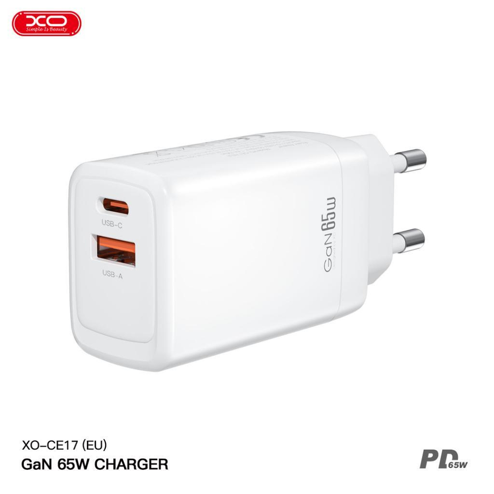 XO CE17(EU) 65W Q.C PD Fast Hızlı USB-C (TYPE-C) USB-A Çift Çıkışlı Şarj Aleti Adaptörü