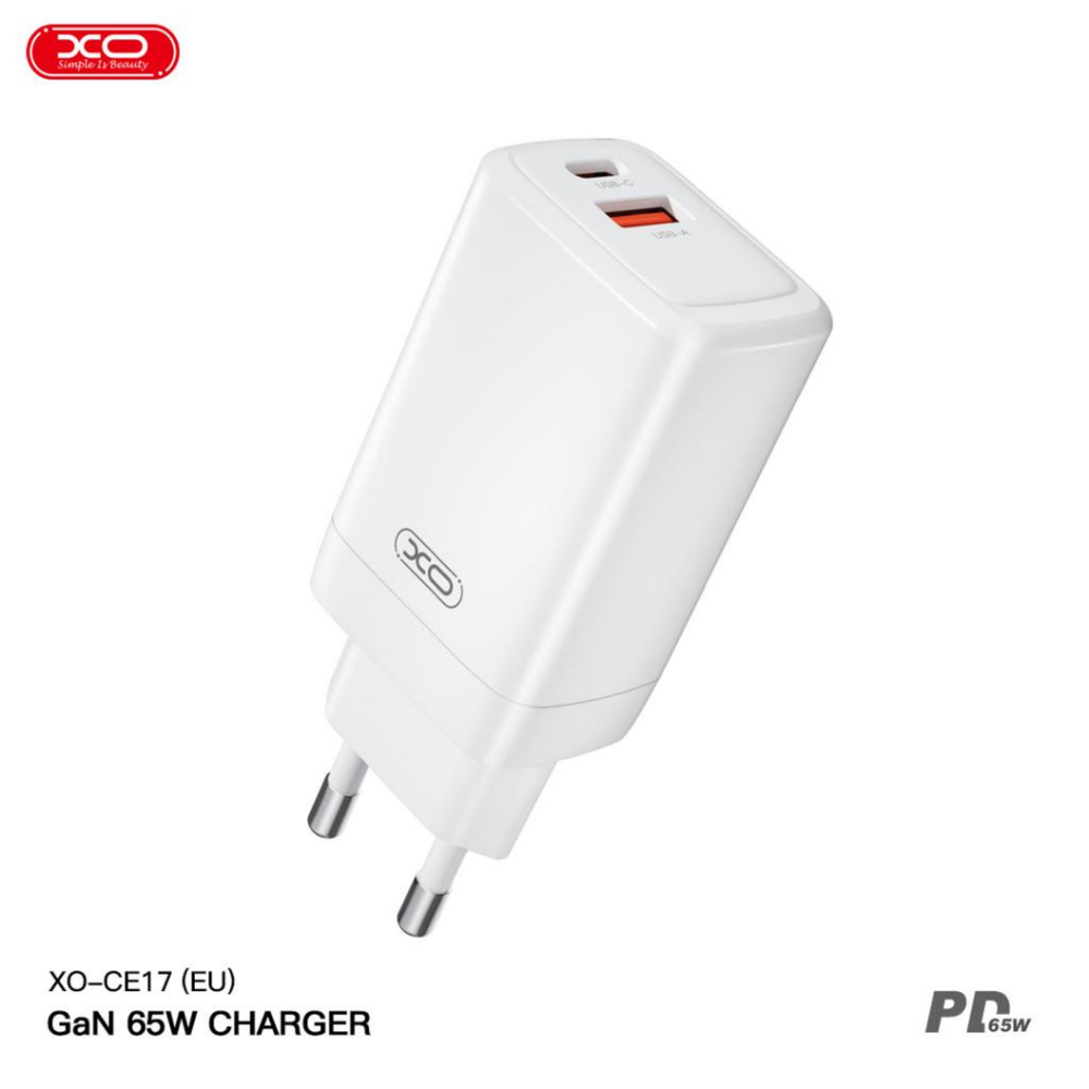 XO CE17(EU) 65W Q.C PD Fast Hızlı USB-C (TYPE-C) USBA Çift Çıkışlı Kablolu  Şarj Aleti Adaptörü Set