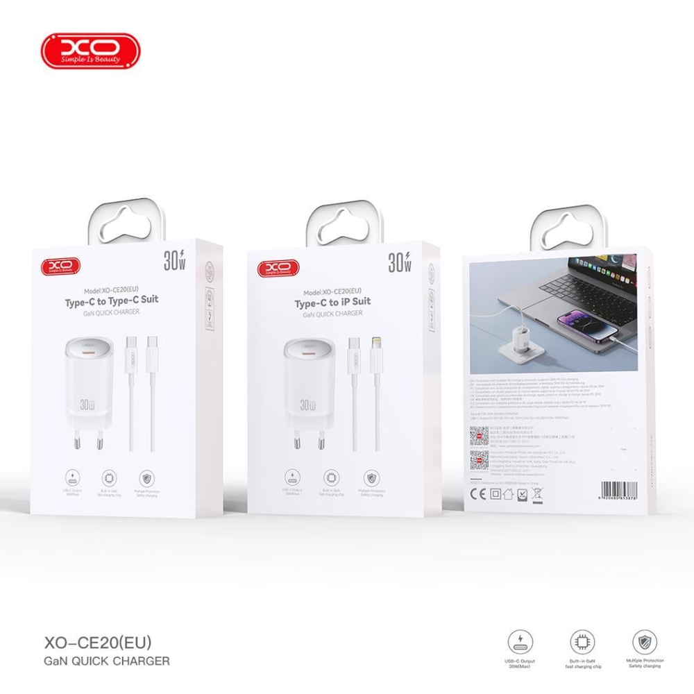 XO CE20(EU) 30W GaN PD Fast Hızlı TYPE-C (USB-C) Çıkışlı TYPE-C to Lightning Kablolu Şarj Aleti Adaptörü Set