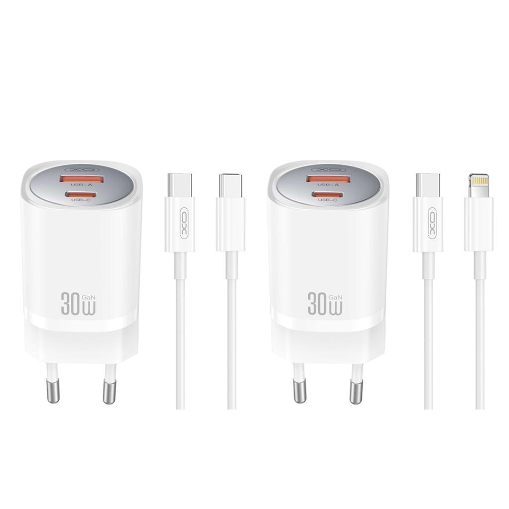 XO CE21(EU) 220V 30W USB-A + USB-C, Lightning kablosu, GaN Hızlı Şarj Adaptörü Şarj Aleti Seti