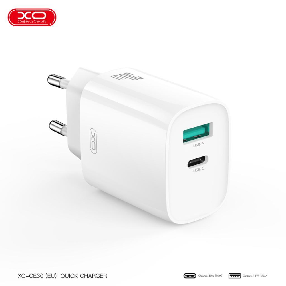 XO CE30(EU) 30W USB-C & USB-A Çift Çıkışlı Fast Hızlı Şarj Aleti