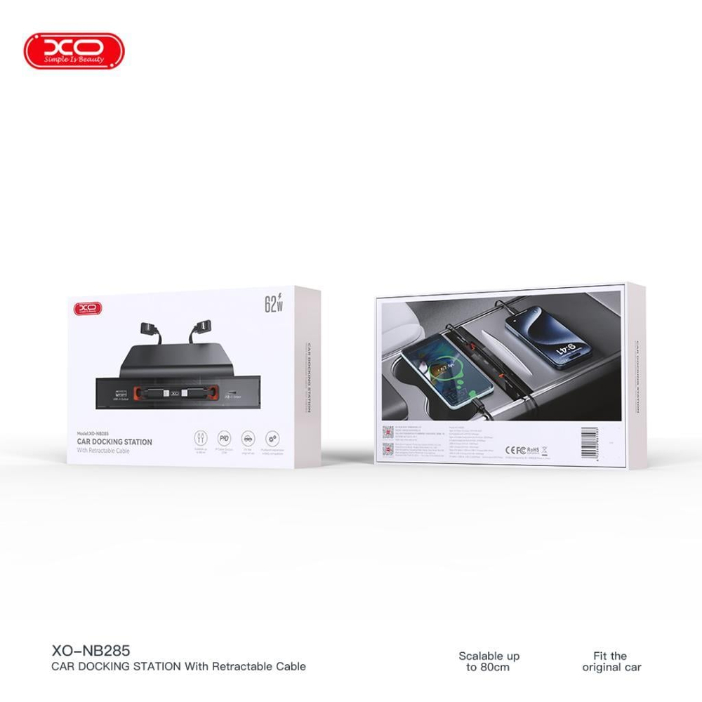 XO NB285 62W Tesla Model 3 / Y Uyumlu Konsol Lightning ve TYPE-C Kablolu USB-C ve USB-A Çıkışlı Şarj Aleti Çoklayıcı